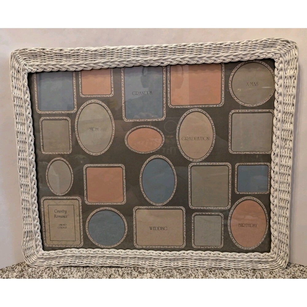 Vintage NOS White Wicker Family Picture Frame Collage 22 x 18.5" Cottagecore New